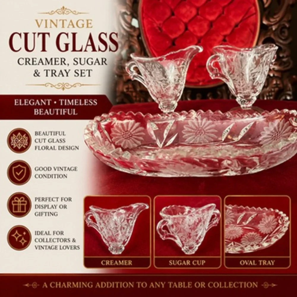 Vintage Cut Glass Creamer & Sugar Set With Tray Clear Floral Etched Design